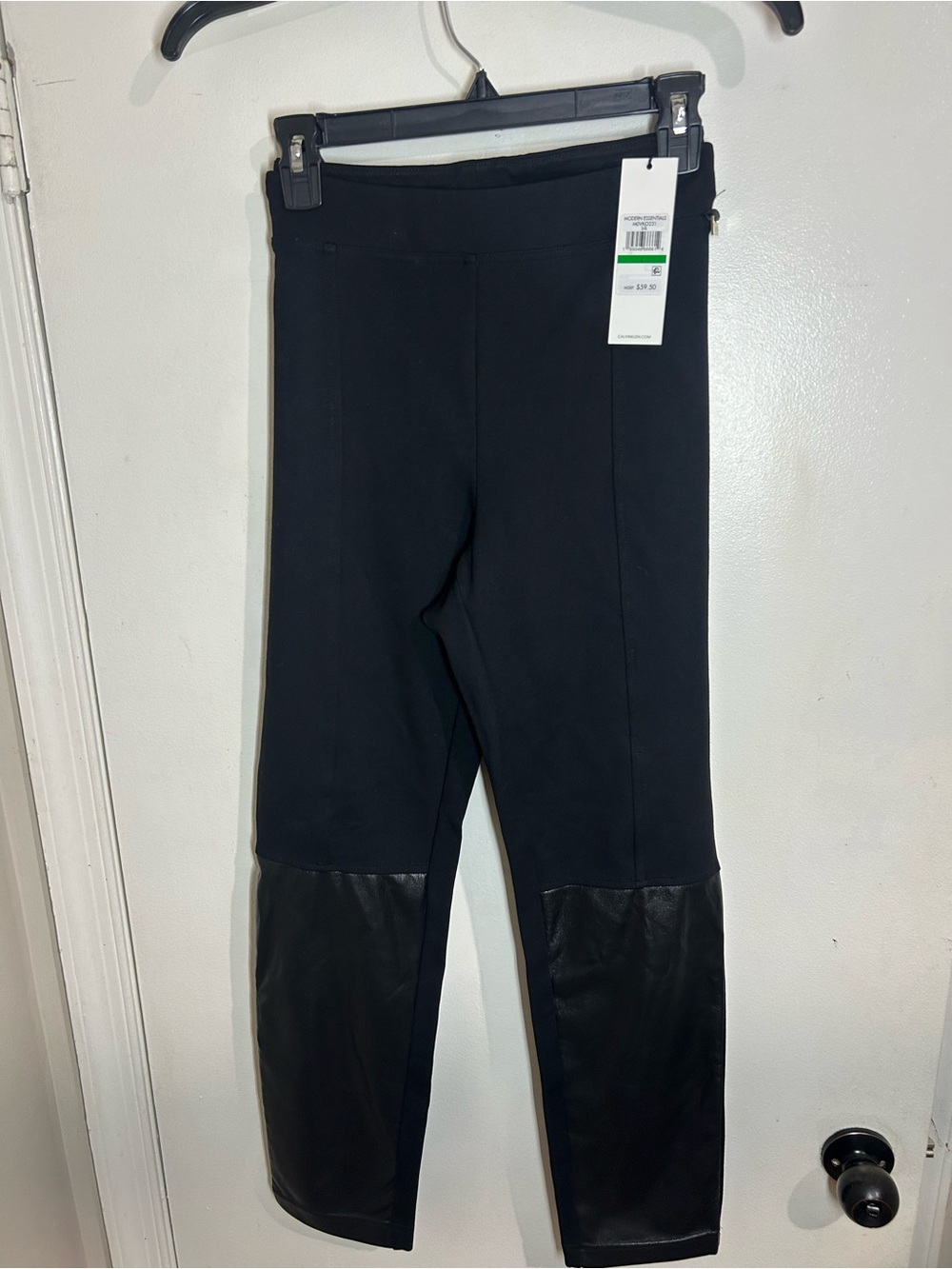 Calvin Klein Black Straight-Leg Pants with Faux Leather Knee Panels
